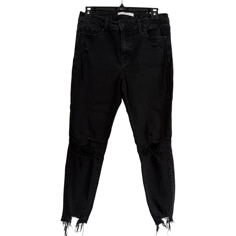 Eunina Josie Mid Rise Skinny Crop Jeans Black Distressed Frayed Hem Womens 11